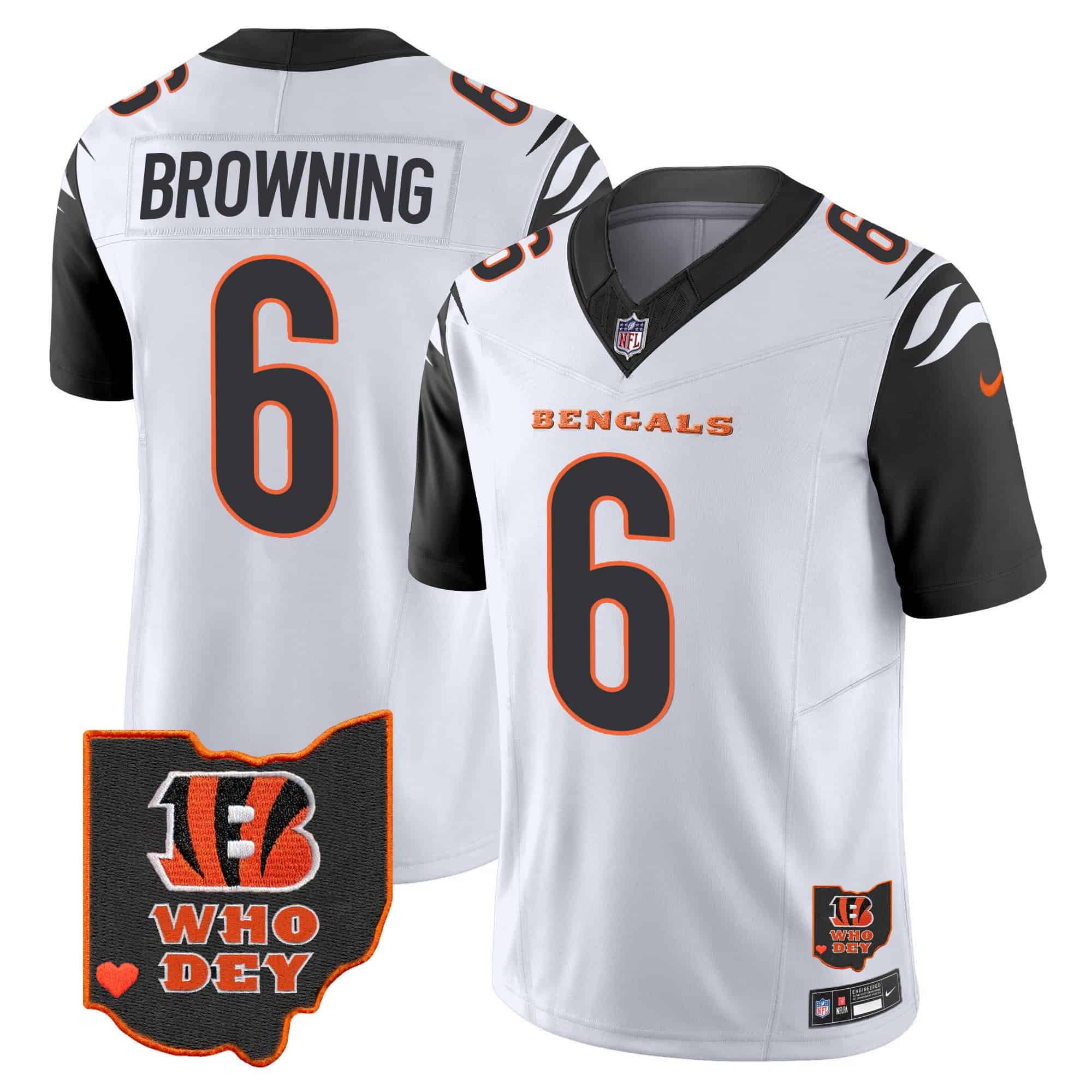 Men Cincinnati Bengals #6 Browning White 2024 Nike Patch Vapor Limited NFL Jersey style 1